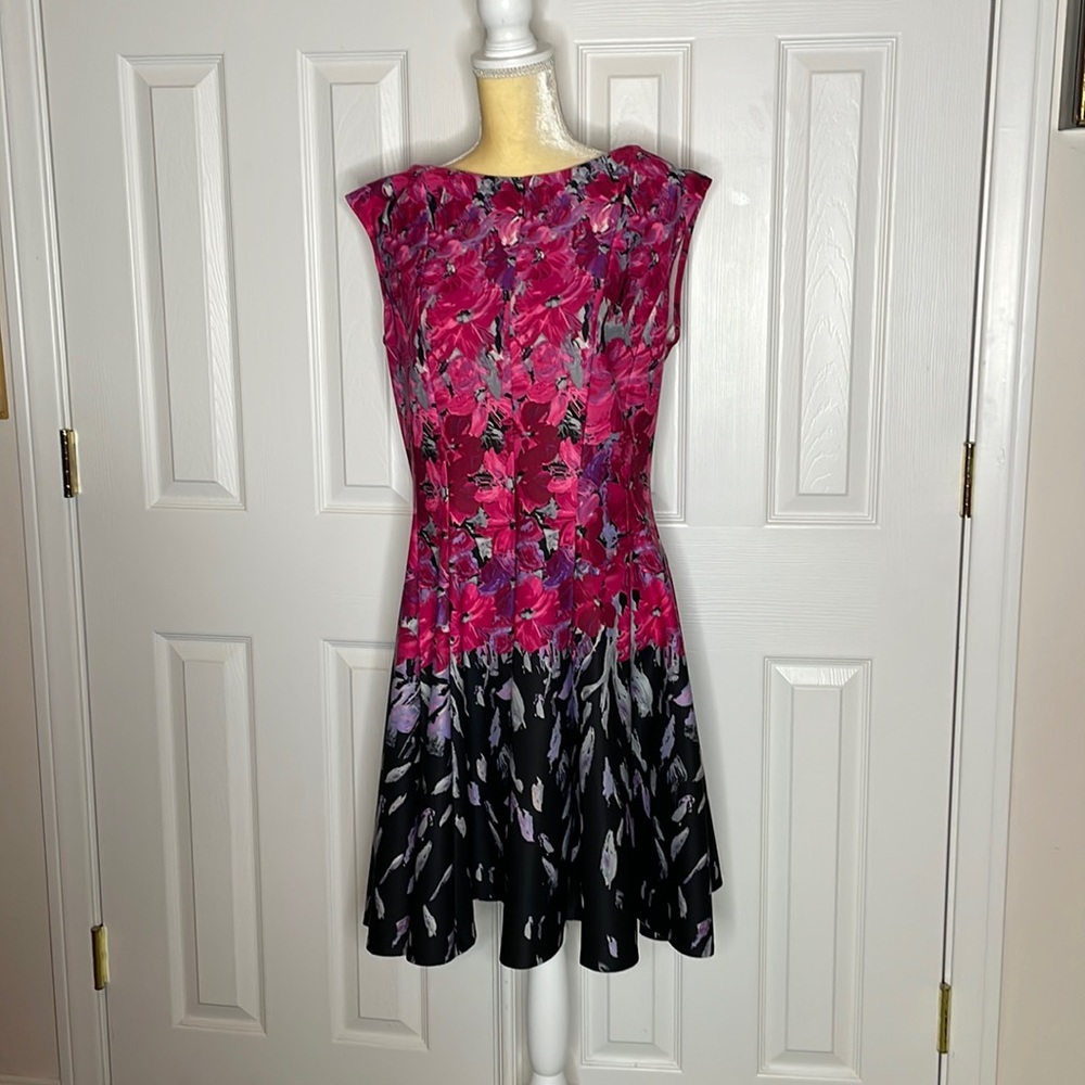 Danny & Nicole Flowery Fit n Flare Scuba Dress with trendy gold back zipper